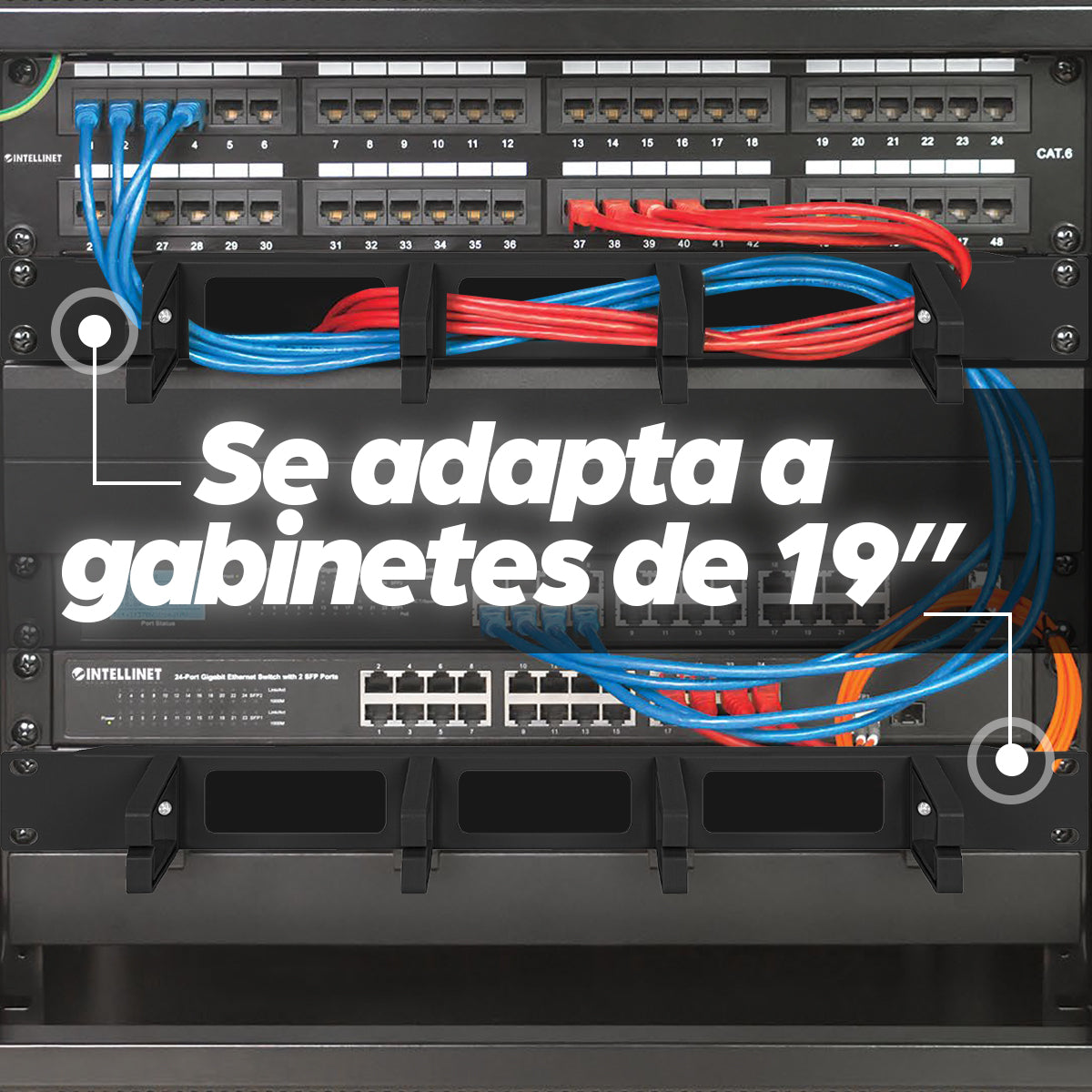 Organizador horizontal de cables 19", 4 anillos largos