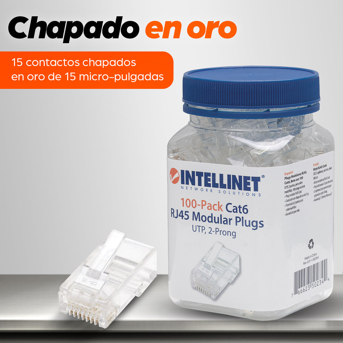 PLUG RJ45 CAT6 MULTIFILAR UTP BOTE 100 PZAS ORO 15-MICRAS