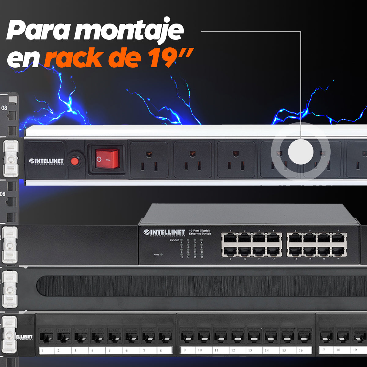 Unidad de distribución de alimentación (PDU) de 8 salidas para montaje en rack 1U de 19"