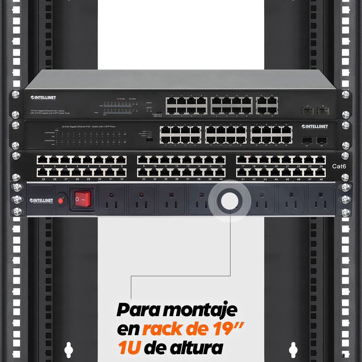 Unidad de distribución de alimentación (PDU) de 8 salidas para montaje en rack 1U de 19"