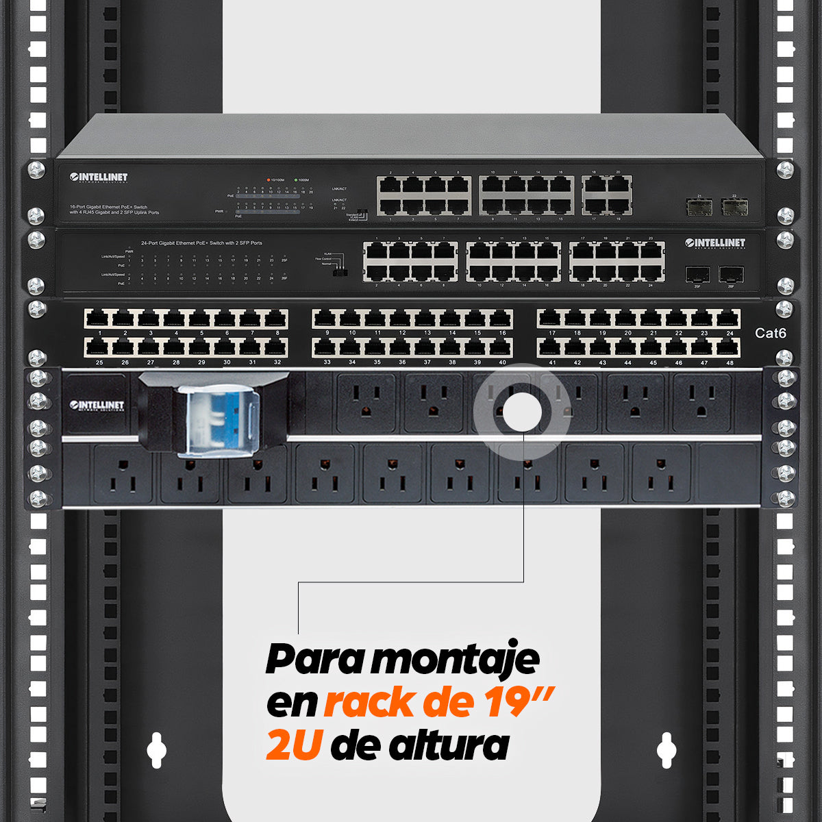 Barra multicontactos de 15 salidas para montaje en 2U de rack de 19" - Enchufes Tipo EU (NEMA 5)