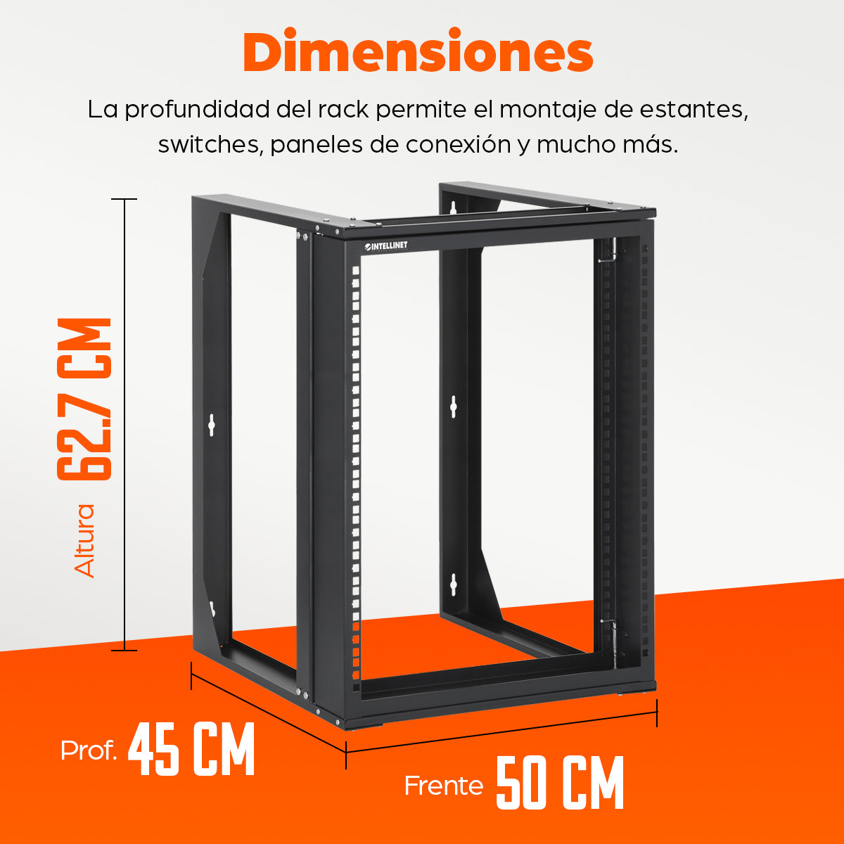 Rack abierto de 19" para montaje en pared, 2 postes, 12U
