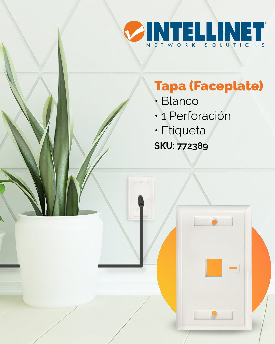 Tapa para caja (Faceplate) Montaje al ras de pared, con pestaña para etiquetas, 1 salida, blanco
