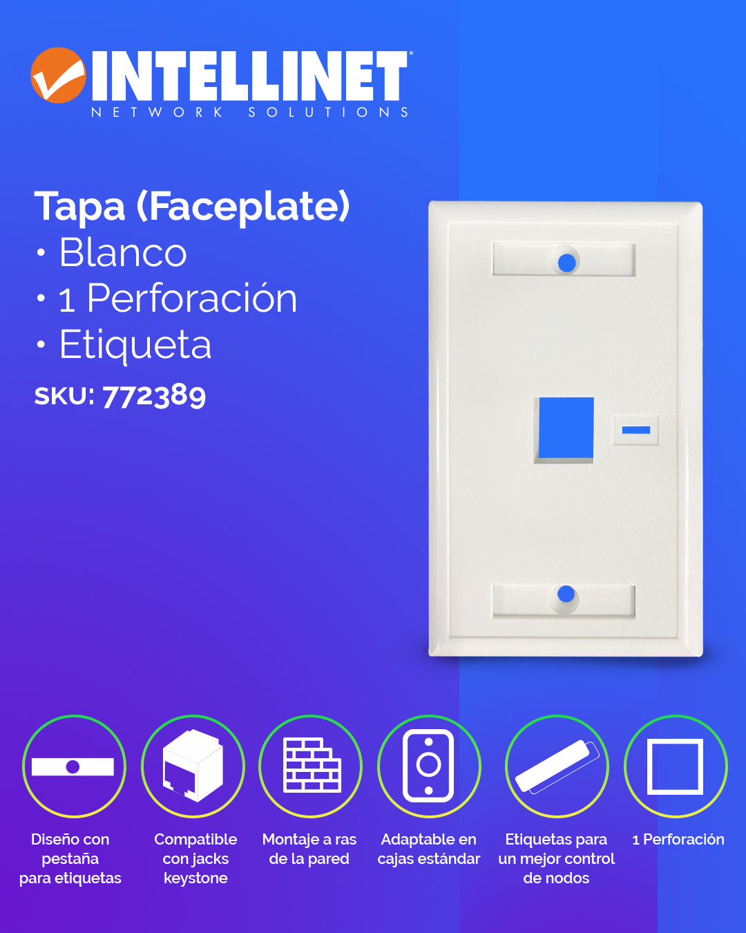 Tapa para caja (Faceplate) Montaje al ras de pared, con pestaña para etiquetas, 1 salida, blanco
