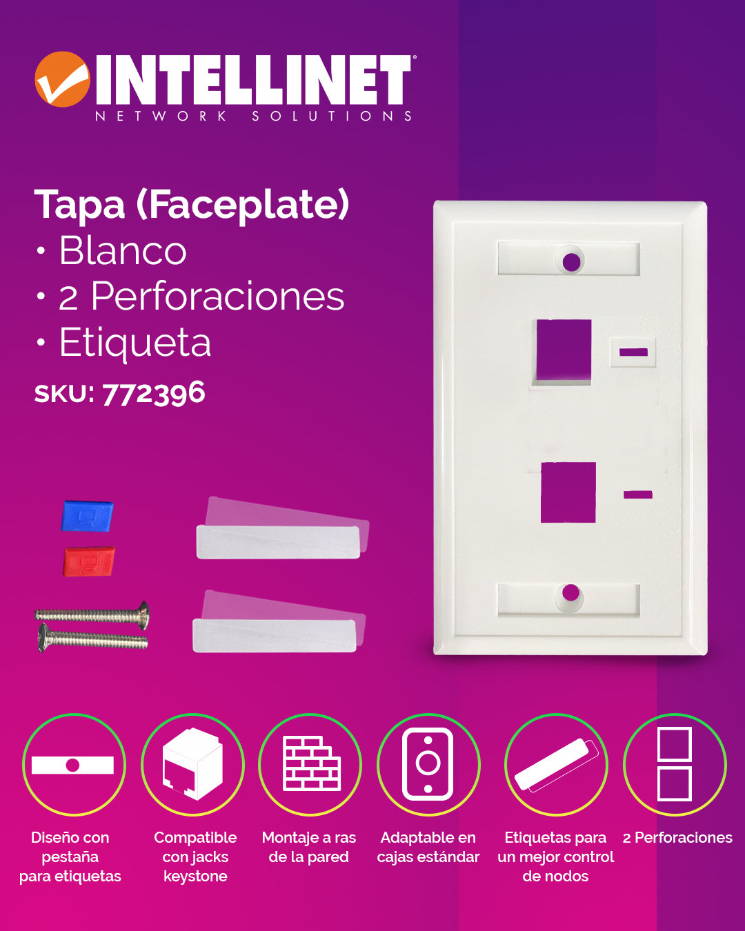 Tapa para caja (Faceplate) Montaje al ras de pared con pestaña para etiquetas
