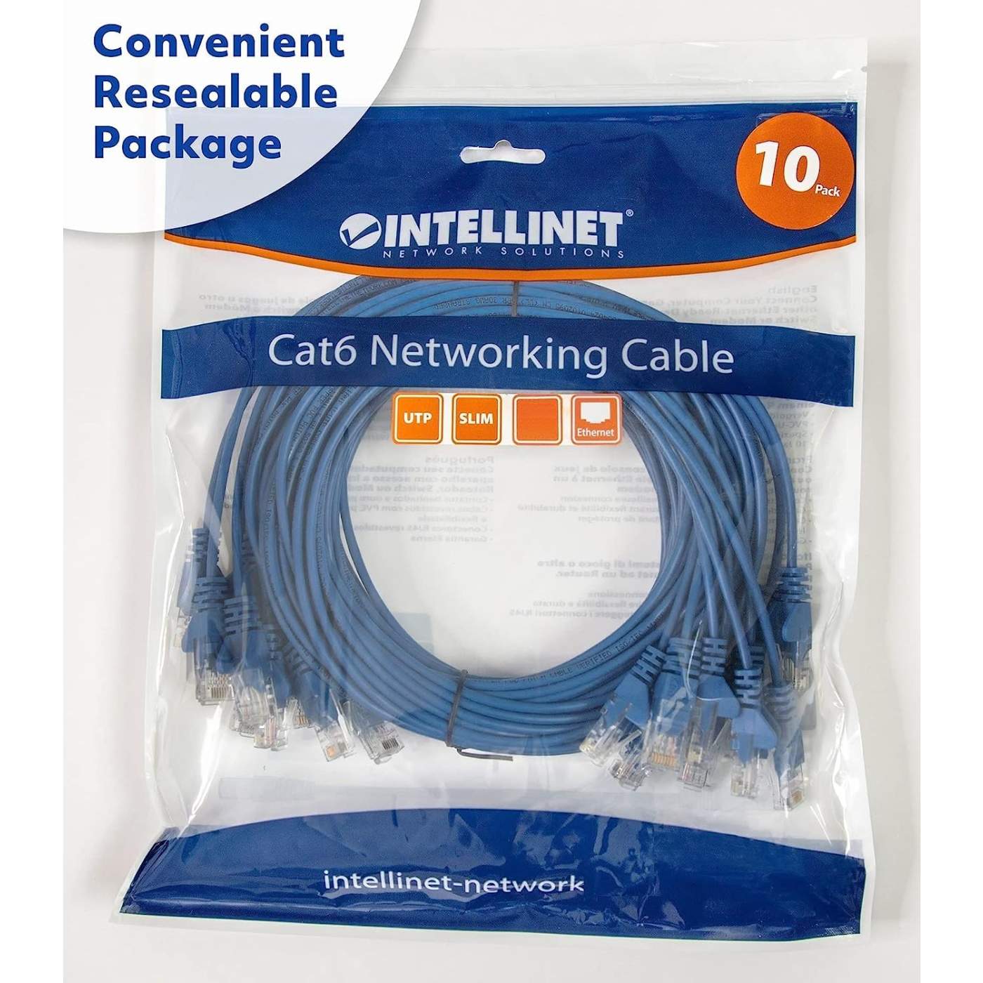 Paquete de 10 cables patch slim Cat6, 3.0 m, U/UTP, Azul - Intellinet México