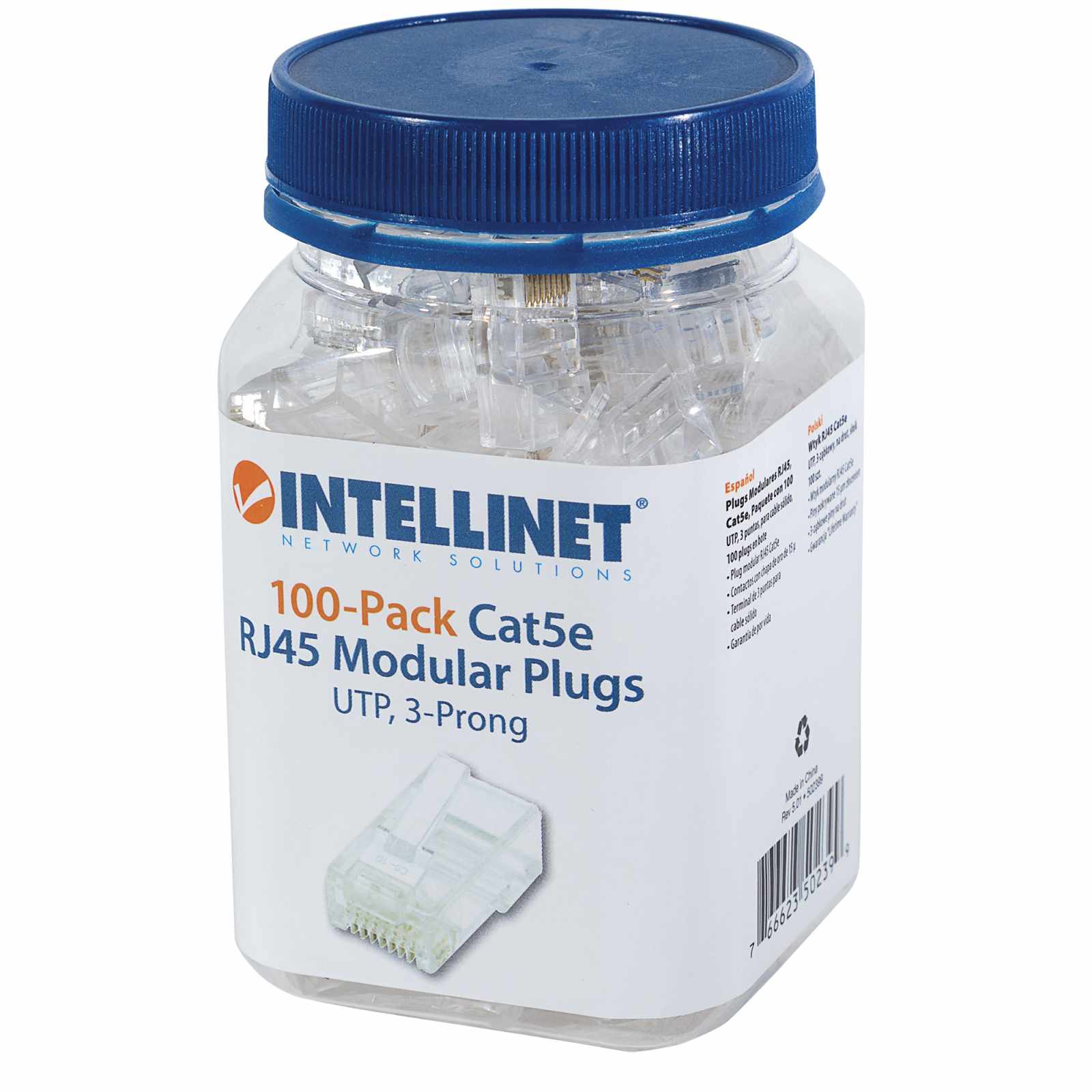 PLUG RJ45 CAT5E SOLIDO UTP BOTE 100 PZAS ORO 15-MICRAS Packaging Image 2