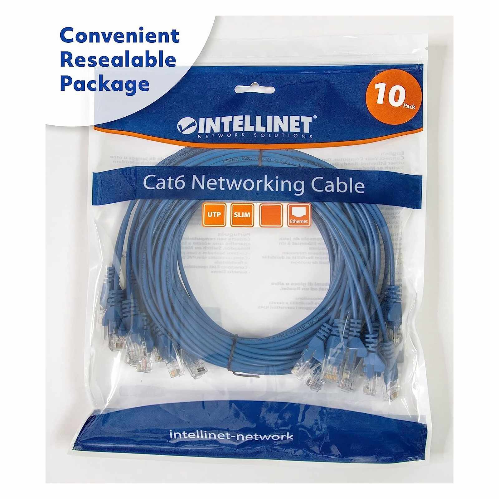 Paquete de 10 cables patch slim Cat6, 2.1 m, U/UTP, Azul Packaging Image 2