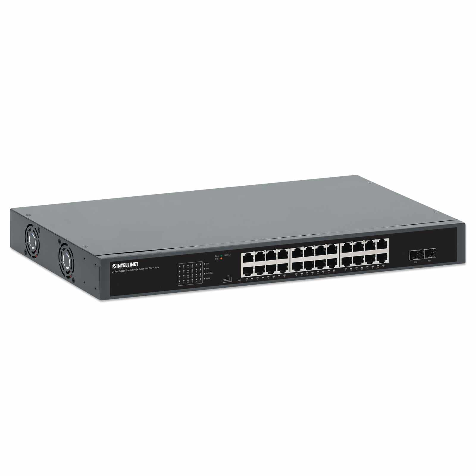 Switch PoE+ Gigabit Ethernet de 24 puertos con 2 puertos SFP, Extensión PoE a 250 m - Intellinet México