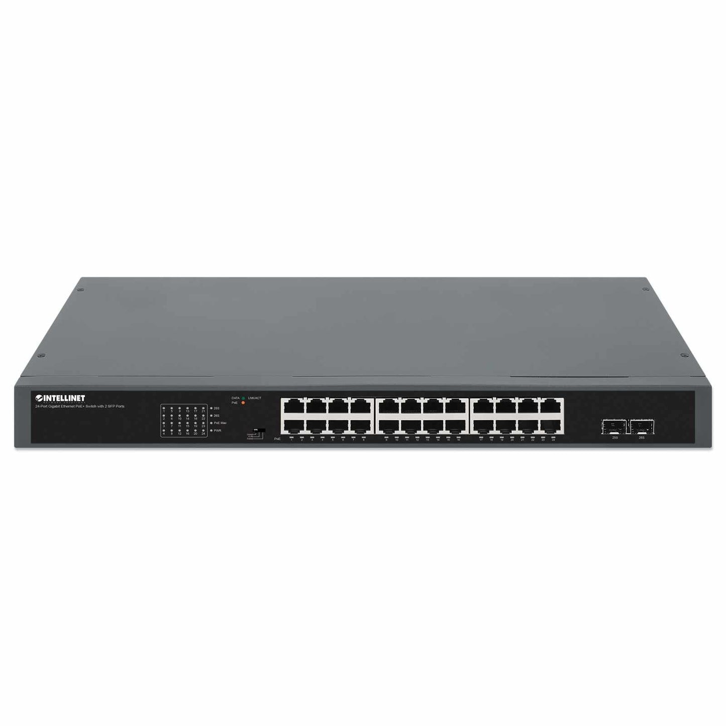 Switch PoE+ Gigabit Ethernet de 24 puertos con 2 puertos SFP, Extensión PoE a 250 m - Intellinet México