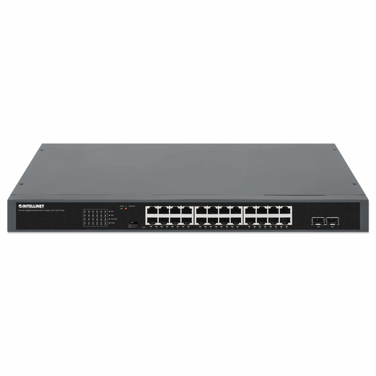 Switch PoE+ Gigabit Ethernet de 24 puertos con 2 puertos SFP, Extensión PoE a 250 m - Intellinet México