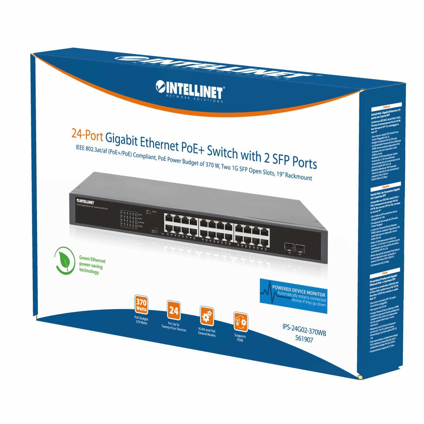 Switch PoE+ Gigabit Ethernet de 24 puertos con 2 puertos SFP, Extensión PoE a 250 m - Intellinet México