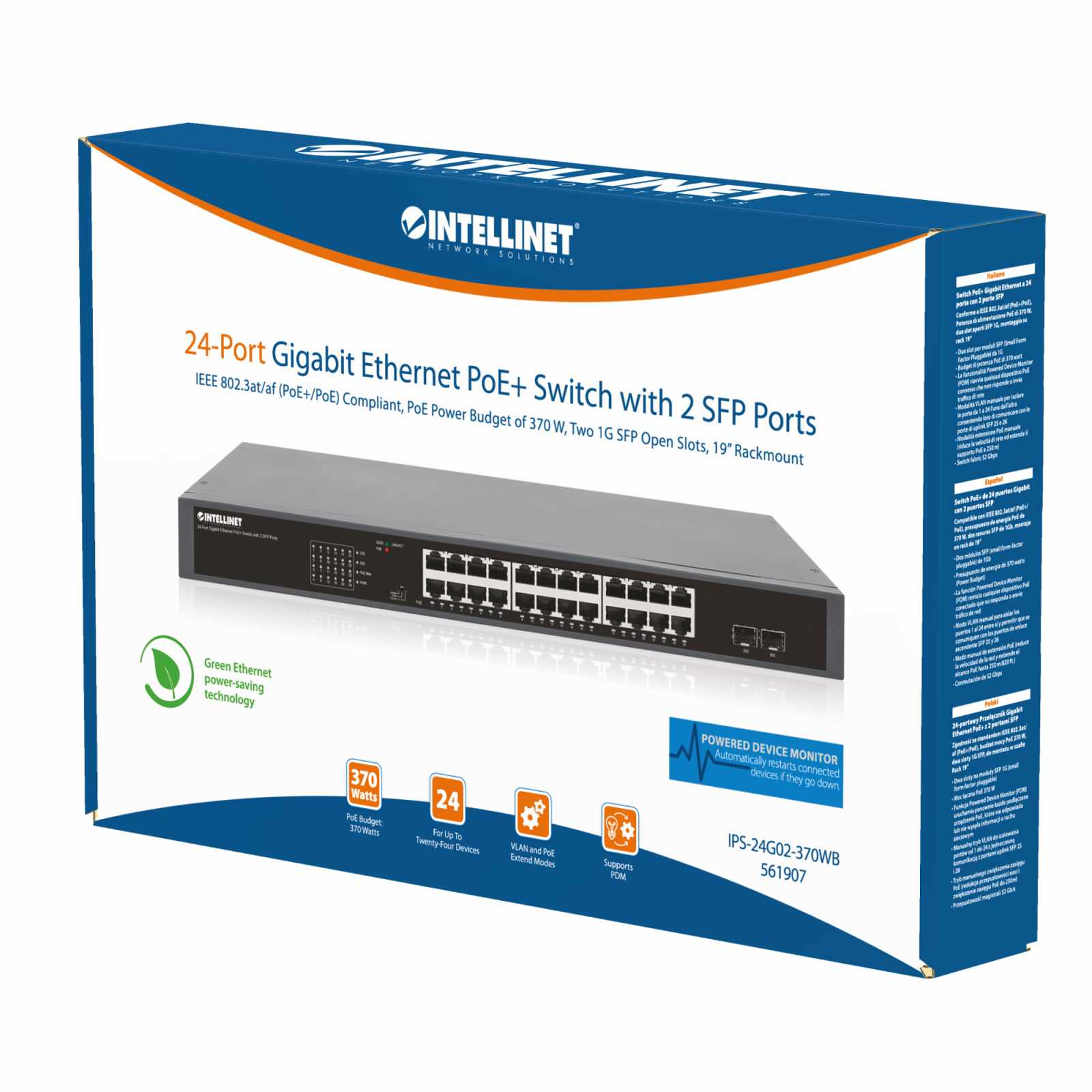 Switch PoE+ Gigabit Ethernet de 24 puertos con 2 puertos SFP, Extensión PoE a 250 m - Intellinet México