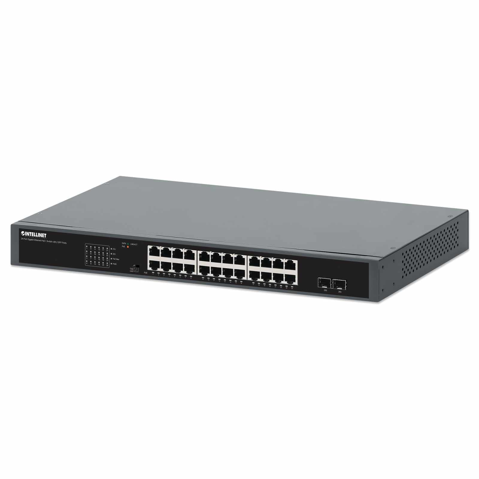 Switch PoE+ Gigabit Ethernet de 24 puertos con 2 puertos SFP, Extensión PoE a 250 m - Intellinet México