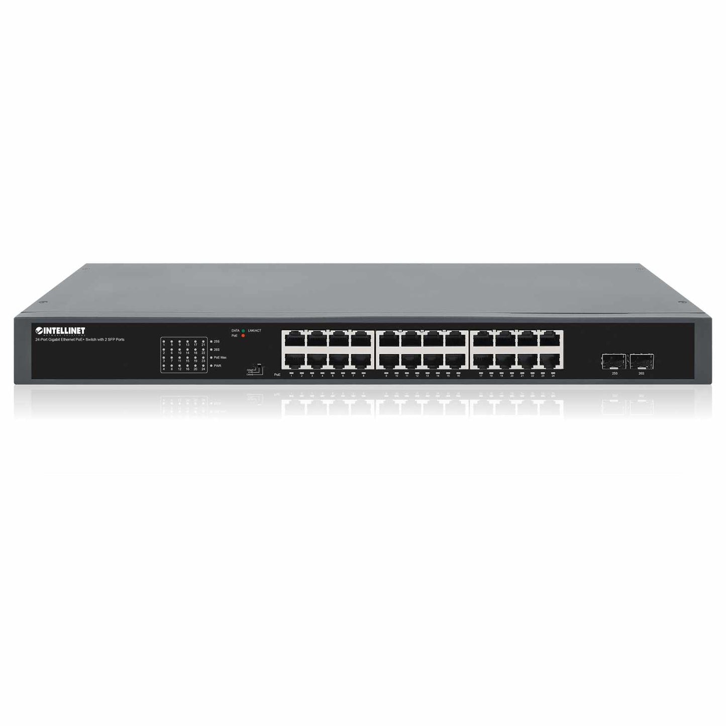 Switch PoE+ Gigabit Ethernet de 24 puertos con 2 puertos SFP, Extensión PoE a 250 m - Intellinet México