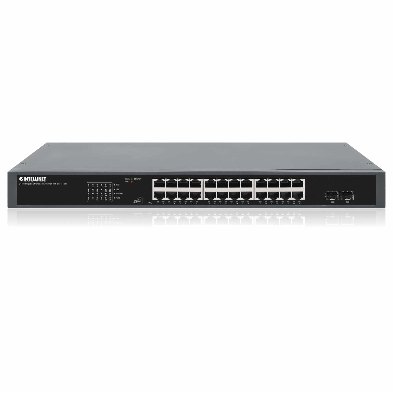 Switch PoE+ Gigabit Ethernet de 24 puertos con 2 puertos SFP, Extensión PoE a 250 m - Intellinet México