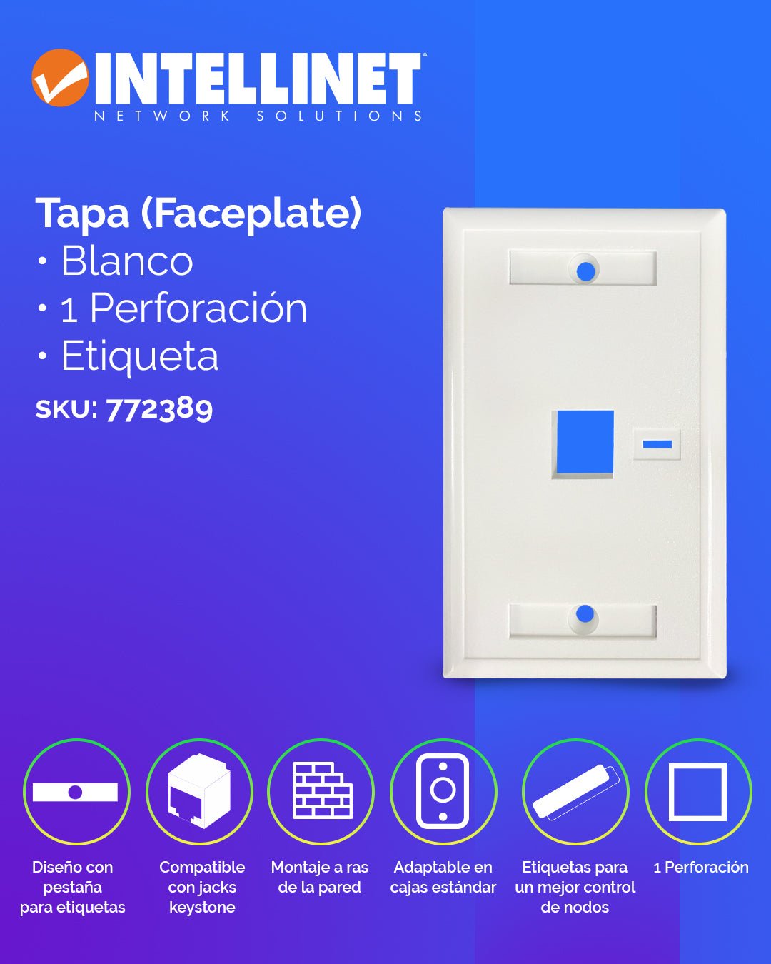 Tapa para caja (Faceplate) Montaje al ras de pared, con pestaña para etiquetas, 1 salida, blanco - Intellinet México